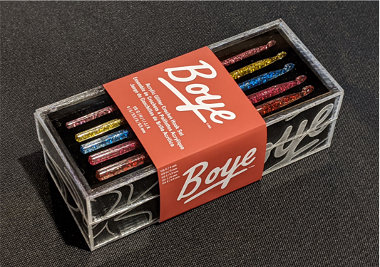 A Boye crochet hook box with a wrapper band.