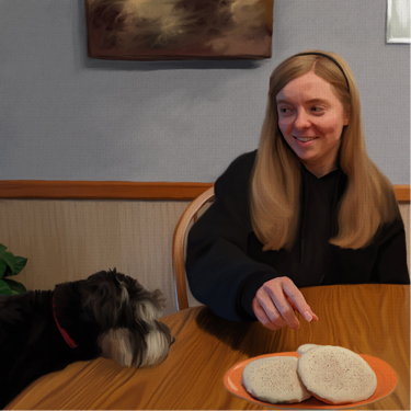 A Photoshop portrait of a dog and human reaching for a plate of cookies.