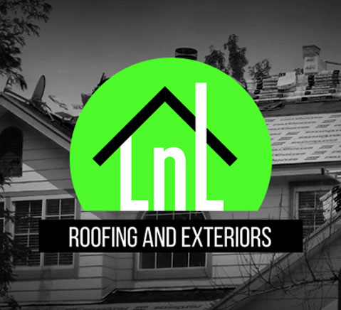 The LnL Roofing and Exteriors logo overlays an image with packages of shingles ready to be installed on a residential roof.